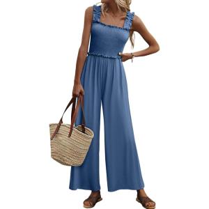 imageWomens Smocked Jumpsuits Casual Loose Sleeveless Wide Leg Long Pant Rompers Dressy One Piece Beach Vacation OutfitsBlue