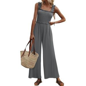 imageWomens Smocked Jumpsuits Casual Loose Sleeveless Wide Leg Long Pant Rompers Dressy One Piece Beach Vacation OutfitsGrey