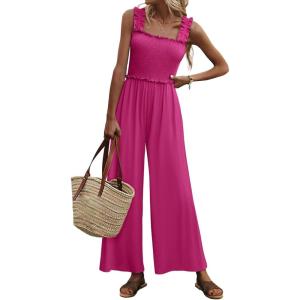 imageWomens Smocked Jumpsuits Casual Loose Sleeveless Wide Leg Long Pant Rompers Dressy One Piece Beach Vacation OutfitsHot Pink