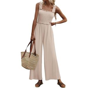 imageWomens Smocked Jumpsuits Casual Loose Sleeveless Wide Leg Long Pant Rompers Dressy One Piece Beach Vacation OutfitsLight Khaki