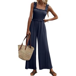imageWomens Smocked Jumpsuits Casual Loose Sleeveless Wide Leg Long Pant Rompers Dressy One Piece Beach Vacation OutfitsNavy