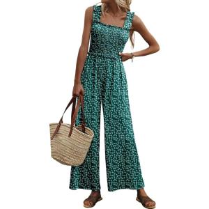 imageWomens Smocked Jumpsuits Casual Loose Sleeveless Wide Leg Long Pant Rompers Dressy One Piece Beach Vacation OutfitsPattern1