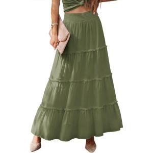 imageWomens Summer Boho Maxi Skirts Smocked High Wasited Flowy Tiered Ruffle A Line Long Beach SkirtArmy Green