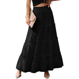 imageWomens Summer Boho Maxi Skirts Smocked High Wasited Flowy Tiered Ruffle A Line Long Beach SkirtBlack