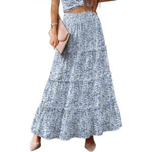 imageWomens Summer Boho Maxi Skirts Smocked High Wasited Flowy Tiered Ruffle A Line Long Beach SkirtBlue Floral