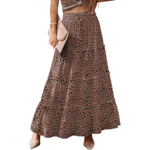 imageWomens Summer Boho Maxi Skirts Smocked High Wasited Flowy Tiered Ruffle A Line Long Beach SkirtBrown Floral