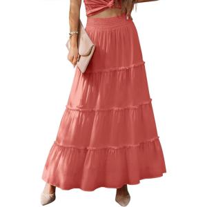 imageWomens Summer Boho Maxi Skirts Smocked High Wasited Flowy Tiered Ruffle A Line Long Beach SkirtCoral