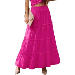 imageWomens Summer Boho Maxi Skirts Smocked High Wasited Flowy Tiered Ruffle A Line Long Beach SkirtHot Pink