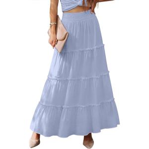 imageWomens Summer Boho Maxi Skirts Smocked High Wasited Flowy Tiered Ruffle A Line Long Beach SkirtLight Blue