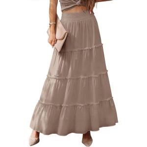 imageWomens Summer Boho Maxi Skirts Smocked High Wasited Flowy Tiered Ruffle A Line Long Beach SkirtLight Brown