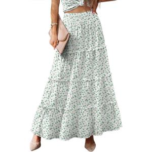 imageWomens Summer Boho Maxi Skirts Smocked High Wasited Flowy Tiered Ruffle A Line Long Beach SkirtLight Green Floral