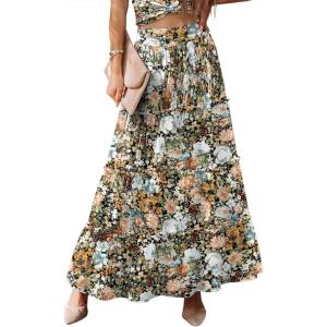 imageWomens Summer Boho Maxi Skirts Smocked High Wasited Flowy Tiered Ruffle A Line Long Beach SkirtMulti Floral