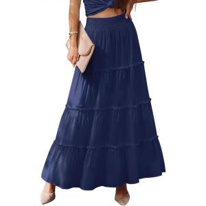 imageWomens Summer Boho Maxi Skirts Smocked High Wasited Flowy Tiered Ruffle A Line Long Beach SkirtNavy