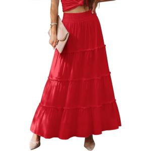 imageWomens Summer Boho Maxi Skirts Smocked High Wasited Flowy Tiered Ruffle A Line Long Beach SkirtRed