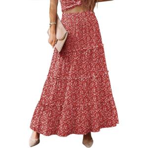 imageWomens Summer Boho Maxi Skirts Smocked High Wasited Flowy Tiered Ruffle A Line Long Beach SkirtRed Floral