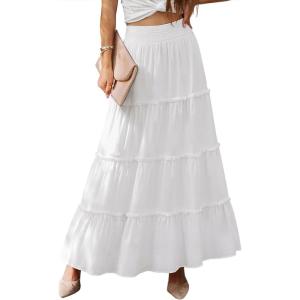 imageWomens Summer Boho Maxi Skirts Smocked High Wasited Flowy Tiered Ruffle A Line Long Beach SkirtWhite