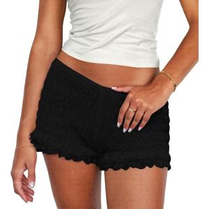 imageWomens Summer Shorts Trendy Ruffle Lace High Waisted Smocked Beach Mini Shorts Y2K Micro Boyshorts Lolita BloomersBlack