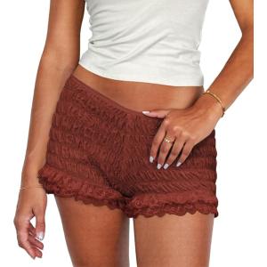 imageWomens Summer Shorts Trendy Ruffle Lace High Waisted Smocked Beach Mini Shorts Y2K Micro Boyshorts Lolita BloomersRust Red
