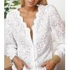 imageLace Tops for Women Dressy Casual Blouses Puff Long Sleeve V Neck Button Down Business Work ShirtsWhite