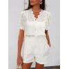 imageLace Tops for Women Dressy Casual V Neck Short Sleeve Button Down Shirts Bussiness Work Office Summer BlousesBeige