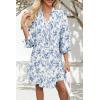 imageSummer Mini Dresses Casual V Neck Drawstring Button Down 34 Sleeve Boho Floral Flowy Beach Shirt Dress PocketsBlue