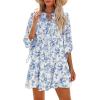 imageSummer Mini Dresses Casual V Neck Drawstring Button Down 34 Sleeve Boho Floral Flowy Beach Shirt Dress PocketsBlue