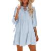 imageSummer Mini Dresses Casual V Neck Drawstring Button Down 34 Sleeve Boho Floral Flowy Beach Shirt Dress PocketsLight Blue