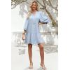 imageSummer Mini Dresses Casual V Neck Drawstring Button Down 34 Sleeve Boho Floral Flowy Beach Shirt Dress PocketsLight Blue