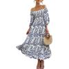 imageWomen Boho Maxi Dresses Summer 2025 Puff Sleeve Square Neck Smocked Aline Casual Ruffle Tiered Flowy Beach Long Dress PocketBlue