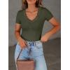 imageWomen Short Sleeve Lace V Neck Shirts Ribbed Knit Fitted Basic Tee Tops Business Dressy Casual Summer Blouses TShirtArmy Green