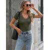imageWomen Short Sleeve Lace V Neck Shirts Ribbed Knit Fitted Basic Tee Tops Business Dressy Casual Summer Blouses TShirtArmy Green