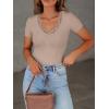 imageWomen Short Sleeve Lace V Neck Shirts Ribbed Knit Fitted Basic Tee Tops Business Dressy Casual Summer Blouses TShirtBeige