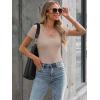 imageWomen Short Sleeve Lace V Neck Shirts Ribbed Knit Fitted Basic Tee Tops Business Dressy Casual Summer Blouses TShirtBeige