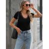 imageWomen Short Sleeve Lace V Neck Shirts Ribbed Knit Fitted Basic Tee Tops Business Dressy Casual Summer Blouses TShirtBlack