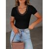imageWomen Short Sleeve Lace V Neck Shirts Ribbed Knit Fitted Basic Tee Tops Business Dressy Casual Summer Blouses TShirtBlack