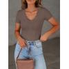 imageWomen Short Sleeve Lace V Neck Shirts Ribbed Knit Fitted Basic Tee Tops Business Dressy Casual Summer Blouses TShirtBrown