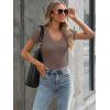 imageWomen Short Sleeve Lace V Neck Shirts Ribbed Knit Fitted Basic Tee Tops Business Dressy Casual Summer Blouses TShirtBrown