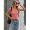 imageWomen Short Sleeve Lace V Neck Shirts Ribbed Knit Fitted Basic Tee Tops Business Dressy Casual Summer Blouses TShirtCoral