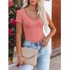 imageWomen Short Sleeve Lace V Neck Shirts Ribbed Knit Fitted Basic Tee Tops Business Dressy Casual Summer Blouses TShirtCoral