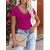 imageWomen Short Sleeve Lace V Neck Shirts Ribbed Knit Fitted Basic Tee Tops Business Dressy Casual Summer Blouses TShirtHot Pink