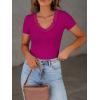 imageWomen Short Sleeve Lace V Neck Shirts Ribbed Knit Fitted Basic Tee Tops Business Dressy Casual Summer Blouses TShirtHot Pink