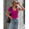 imageWomen Short Sleeve Lace V Neck Shirts Ribbed Knit Fitted Basic Tee Tops Business Dressy Casual Summer Blouses TShirtHot Pink