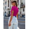 imageWomen Short Sleeve Lace V Neck Shirts Ribbed Knit Fitted Basic Tee Tops Business Dressy Casual Summer Blouses TShirtHot Pink