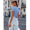imageWomen Short Sleeve Lace V Neck Shirts Ribbed Knit Fitted Basic Tee Tops Business Dressy Casual Summer Blouses TShirtLight Blue