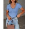 imageWomen Short Sleeve Lace V Neck Shirts Ribbed Knit Fitted Basic Tee Tops Business Dressy Casual Summer Blouses TShirtLight Blue