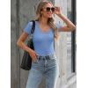 imageWomen Short Sleeve Lace V Neck Shirts Ribbed Knit Fitted Basic Tee Tops Business Dressy Casual Summer Blouses TShirtLight Blue