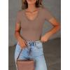 imageWomen Short Sleeve Lace V Neck Shirts Ribbed Knit Fitted Basic Tee Tops Business Dressy Casual Summer Blouses TShirtLight Brown