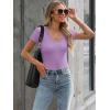 imageWomen Short Sleeve Lace V Neck Shirts Ribbed Knit Fitted Basic Tee Tops Business Dressy Casual Summer Blouses TShirtLilac