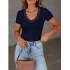 imageWomen Short Sleeve Lace V Neck Shirts Ribbed Knit Fitted Basic Tee Tops Business Dressy Casual Summer Blouses TShirtNavy Blue