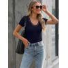 imageWomen Short Sleeve Lace V Neck Shirts Ribbed Knit Fitted Basic Tee Tops Business Dressy Casual Summer Blouses TShirtNavy Blue